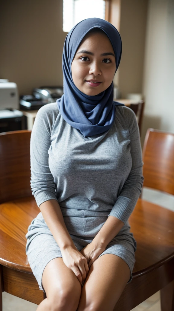 RAW, (Best quality, high resolution, work: 1.3), Beautiful Malay woman in hijab, plump body, , , Beautiful big eyes, Soft smile, beautiful face, slightly open mouth, thick thighs, beautiful , , beautiful big eyes , gentle smile, beautiful girl, detailed face, Muslim woman sitting on a chair in a blue sweater and white skirt, , , wearing a long flowy fabric, casual pose, wearing casual clothes, very long pleated skirt, wearing casual clothing, white hijab , with a beautiful look Beautiful, perfect lighting, 8k