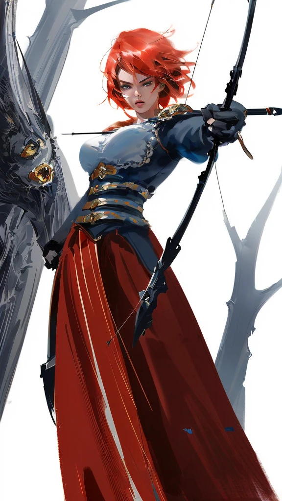 by Wlop, (Masterpiece), (Highest quality:1.3), (Highest Detailed:1.4), woman,archer,bow,arrow,red hair,leather armor,blue skirt,forest,battle,scene,aim,draw,determined,expression,target,fight,warrior,combat,medieval,fantasy,outdoors,nature,trees,sunlight,fire,smoke,dramatic,action,hero,heroine,fierce,powerful,strength,skill,precision,focus,(simple background, white background:1.3),multiple views, 8K RAW