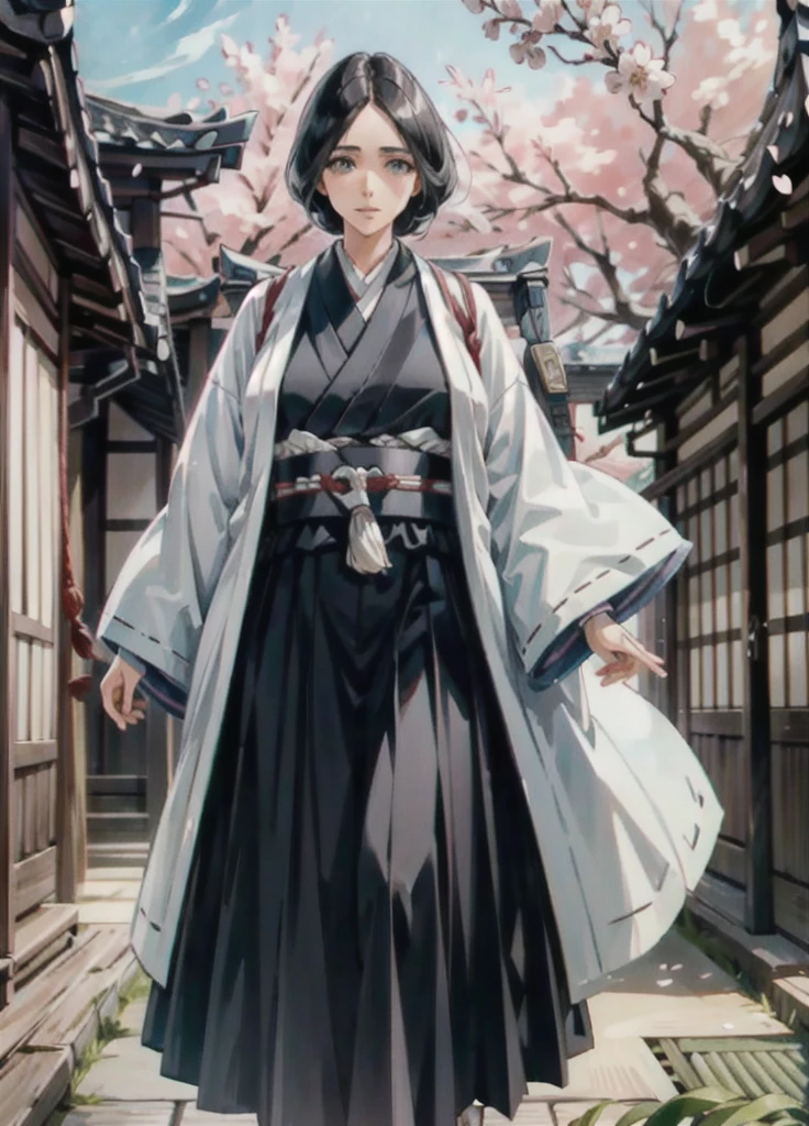 (Masterpiece, Best Quality, ultra detailed, beautiful illustration), (oil painting:1.4), atmospheric perspective, (japanese atmosphere, elaborate atmosphere:1.4), depth of field, looking at the viewer, Beautiful detailed eyes, (good hands, perfect hands, anatomically correct hands),  Retsu Unohana, simple braid, White coat, black kimono, black skirt, mature woman, voluptuous, (huge breasts), (outdoor, japanese shrine, Cherry blossoms), cowboy shot