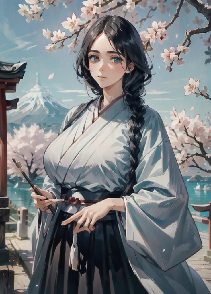 (Masterpiece, Best Quality, ultra detailed, beautiful illustration), (oil painting:1.4), atmospheric perspective, (japanese atmosphere, elaborate atmosphere:1.4), depth of field, looking at the viewer, Beautiful detailed eyes, (good hands, perfect hands, anatomically correct hands),  Retsu Unohana, simple braid, White coat, black kimono, black skirt, mature woman, voluptuous, (huge breasts), (outdoor, japanese shrine, Cherry blossoms), cowboy shot