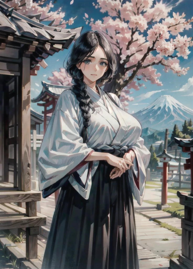 (Masterpiece, Best Quality, ultra detailed, beautiful illustration), (oil painting:1.4), atmospheric perspective, (japanese atmosphere, elaborate atmosphere:1.4), depth of field, looking at the viewer, Beautiful detailed eyes, (good hands, perfect hands, anatomically correct hands),  Retsu Unohana, simple braid, White coat, black kimono, black skirt, mature woman, voluptuous, (huge breasts), (outdoor, japanese shrine, Cherry blossoms), cowboy shot