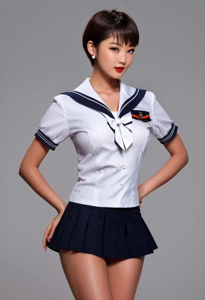 (Highest quality,8K,masterpiece),Studio shot,profile、
Very beautiful Japanese models,Fine skin,Realistic Skin, Lip gloss,Rouge,
Very short hair,Pixie Cut,
School_uniform, Big earrings,Costumes,Sailor suit,sailor uniform,
Big Breasts,Thighs,
skirt, White shirt, Big Breasts,Accentuate your cleavage,
Gray background