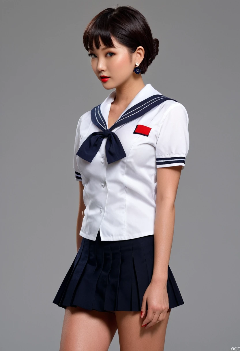 (Highest quality,8K,masterpiece),Studio shot,profile、
Very beautiful Japanese models,Fine skin,Realistic Skin, Lip gloss,Rouge,
Very short hair,Pixie Cut,
School_uniform, Big earrings,Costumes,Sailor suit,sailor uniform,
Big Breasts,Thighs,
skirt, White shirt, Big Breasts,Accentuate your cleavage,
Gray background