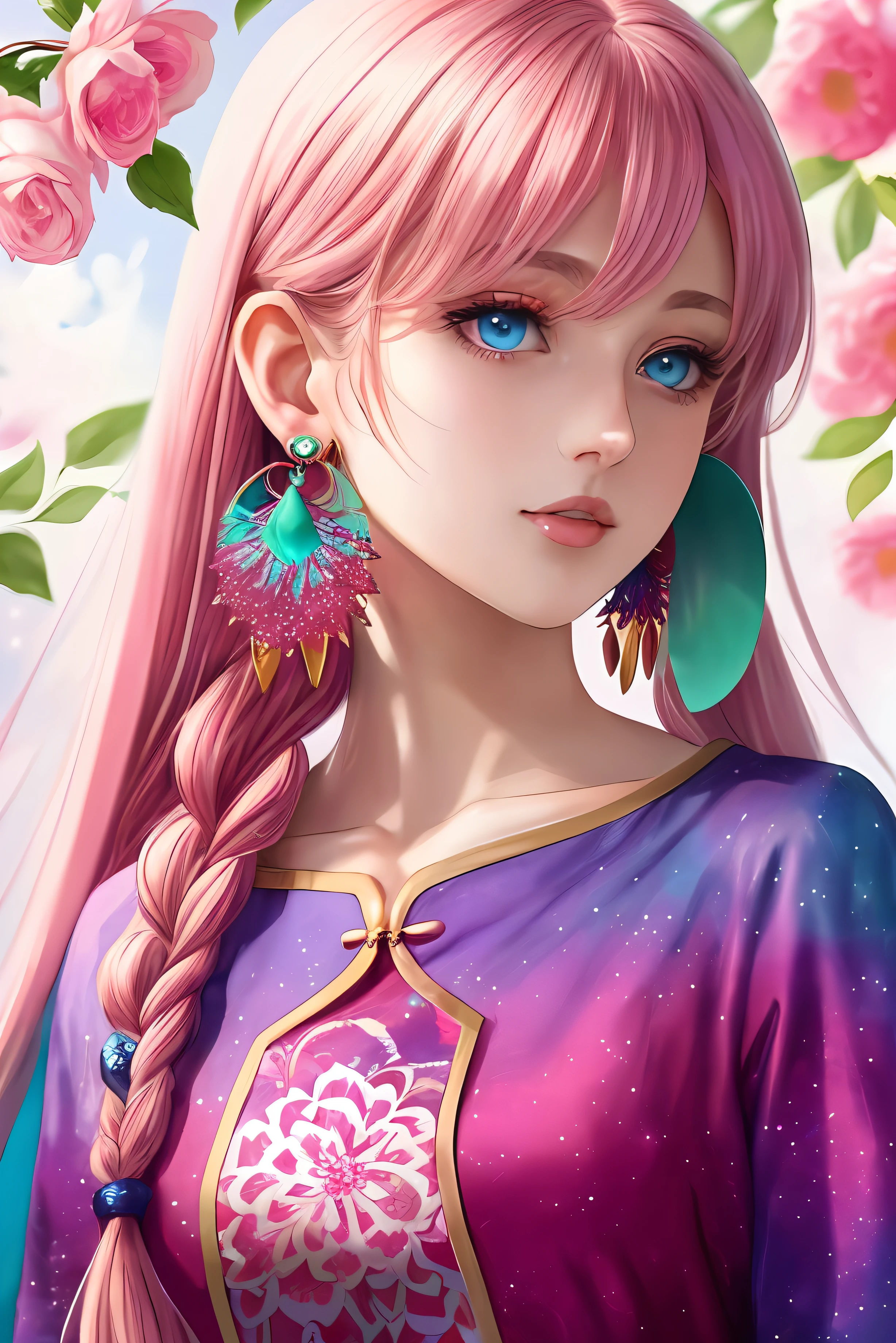 Close-up of a person with long hair and colorful hair, colorful braids, pink double-tailed hair and cyan eyes, anime style 4 K, beautiful anime style, anime girl with cosmic hair, anime art style, young anime girl, beautiful anime art style, anime style. 8k, long-haired anime girl, beautiful anime girl, beautiful anime portrait (masterpiece, top quality, best quality, official art, beauty and aesthetic: 1.2), (1girl: 1.3), very detailed, (fractal art: 1.1), (color: 1.1) (flowers: 1.3), most detailed, (zentangle: 1.2), (dynamic pose), (abstract background: 1.3), ( Chinese dress:1.2), (shiny skin), (many colors:1.4), ,(earrings:1.4),