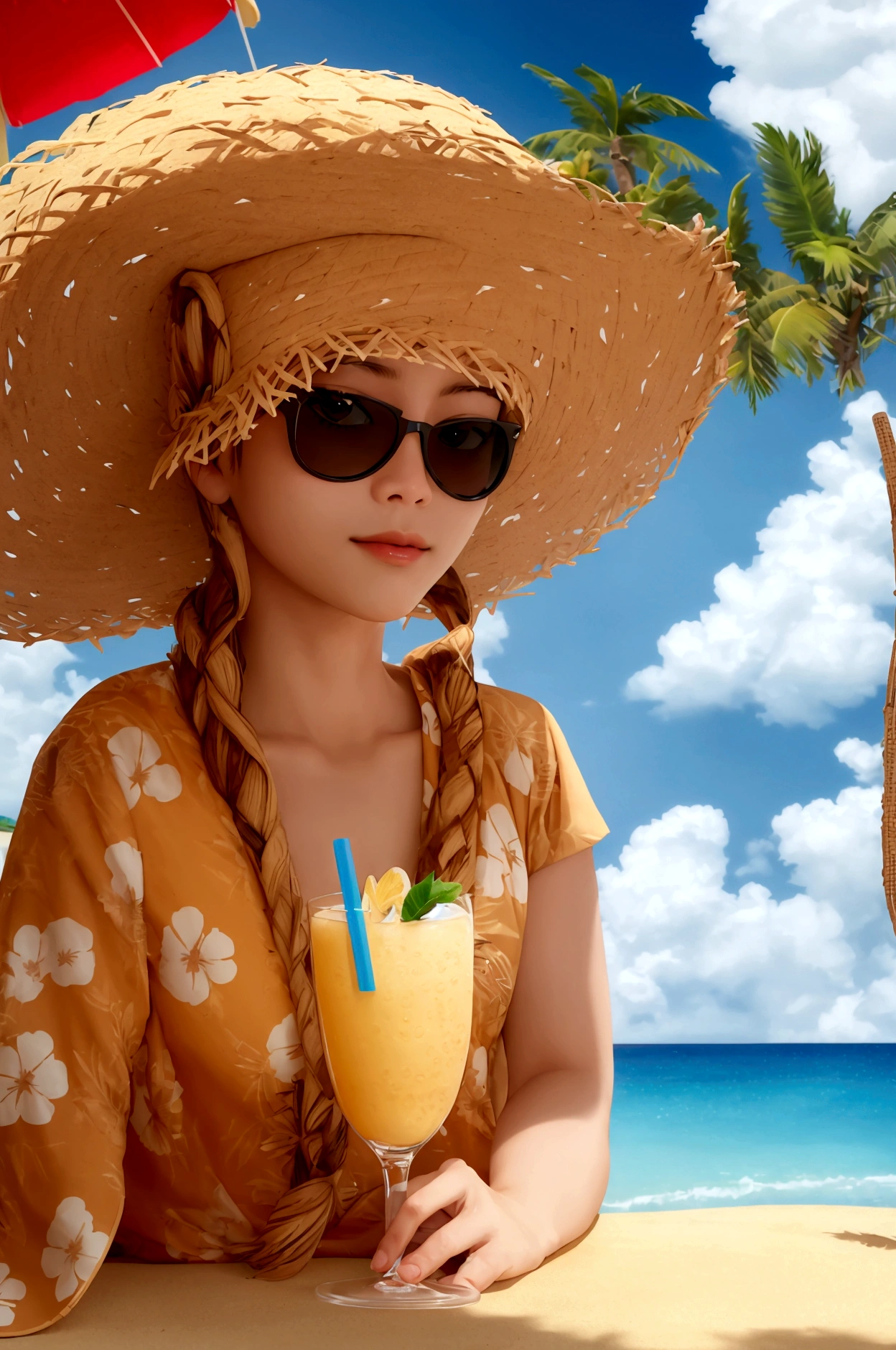 Anthropomorphic cheetah, sunglasses, straw hat, tropical juice, seaside deck, parasol, palm trees, sandy beach,