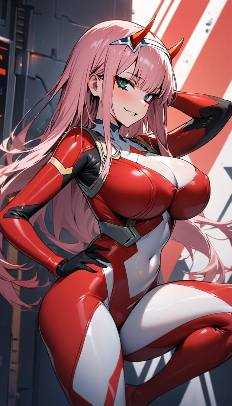 very detailed background, masterpiece, best quality, 1girl, solo, ((masterpiece, best quality)),best aesthetic, zero two (darling in the franxx), darling in the franxx, bangs, biting, blush, covered navel, eyeshadow, green eyes, hair behind head, hand on hip, horns, smile, long hair, looking at viewer, makeup, massive breasts, pilot suit, red suit, pink hair, red eyeshadow, science fiction, skin tight, 