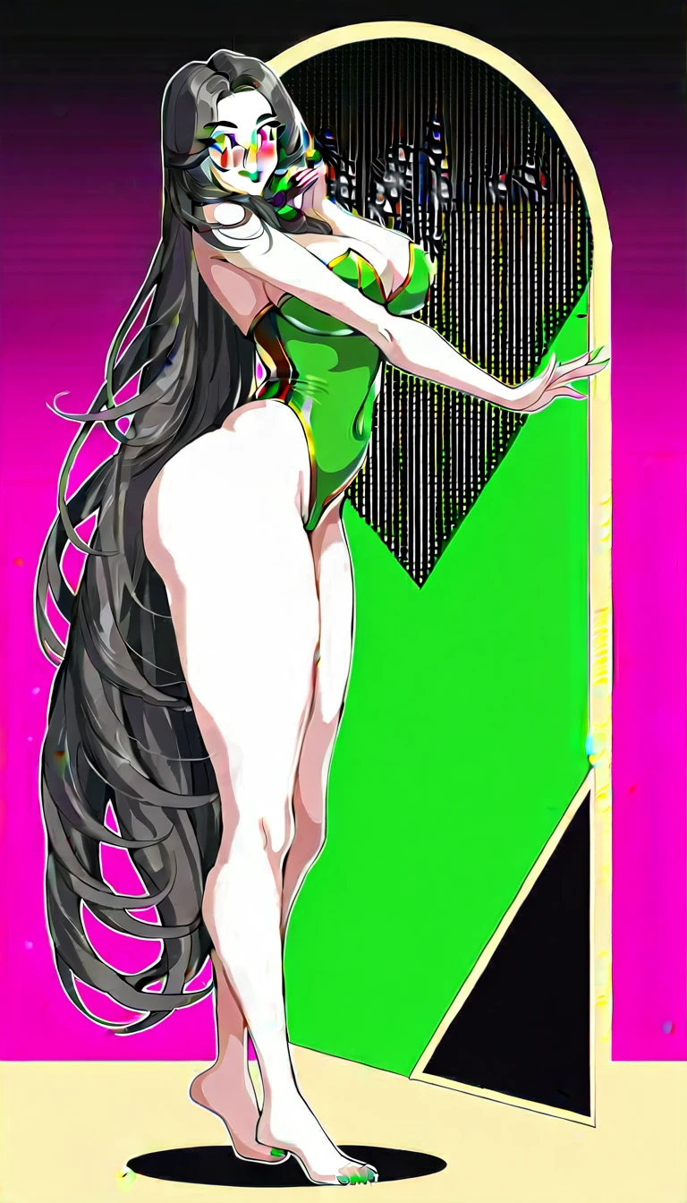 (((highly detailed))), (((high quality))), (((masterpiece))), (((beautiful))), (((full shot, back side view))), emily, (((by drogod))), athletic female, 5 fingers, 5 toes, big butt, large ass, white body, totally white skin, pale skin, emerald green nails, emerald green eyes, emerald green lipstick, eyelashes, eyeliner, black hair, black eyebrowns, thin eyebrowns, very long hair, ass length hair, Ironed hair, hair on the forehead, bubble ass, busty, butt, emerald green highleg one pice swimsuit with gold strip, cleavage, feet detail, fingers, humanoid feet, humanoid hands, horny face, in love to the viewer, large bum, looking at viewer, nails, partially visible vulva, protective mother countenance, pose, (((standing))), sensual eye, bedroom eyes, sensual body, smile, soles, soft soles, arched soles, tiptoes, feet blush, sole blush, solo, sheap space, lying up, feet up, thick thighs, thighs together, toes, (((voluptuous))), large thigs, (((high thighs))), (((high hips))), wide hips, curvy figure, curvaceous, absurd res, hi res, signature, in a spaceship next to a large window space