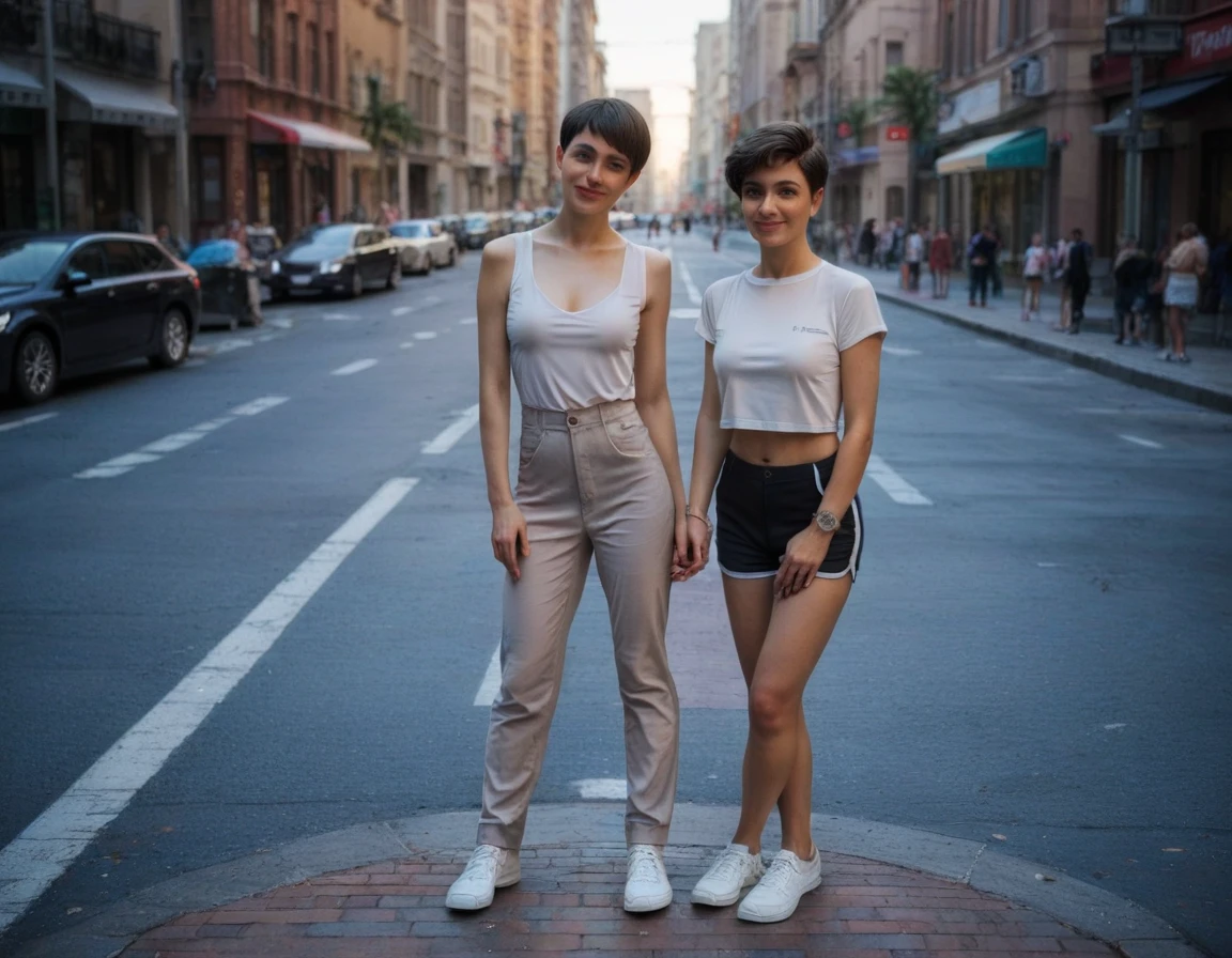 two women 50 years old, slim build, (((dark hair))), ((( short, pixie haircut))), happy smile, full frame, right angle, walks through the park, does Nordic walking, Fitness apparel, White sneakers, elegant style, in the hands of each Nordic walking pole, city street, Evening light, street photography, in the style of Richard Avedon, cgi, 1024K