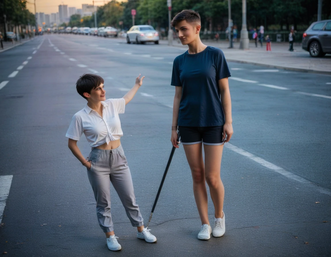 two women 50 years old, slim build, (((dark hair))), ((( short, pixie haircut))), happy smile, full frame, right angle, walks through the park, does Nordic walking, Fitness apparel, White sneakers, elegant style, in the hands of each Nordic walking pole, city street, Evening light, street photography, in the style of Richard Avedon, cgi, 1024K