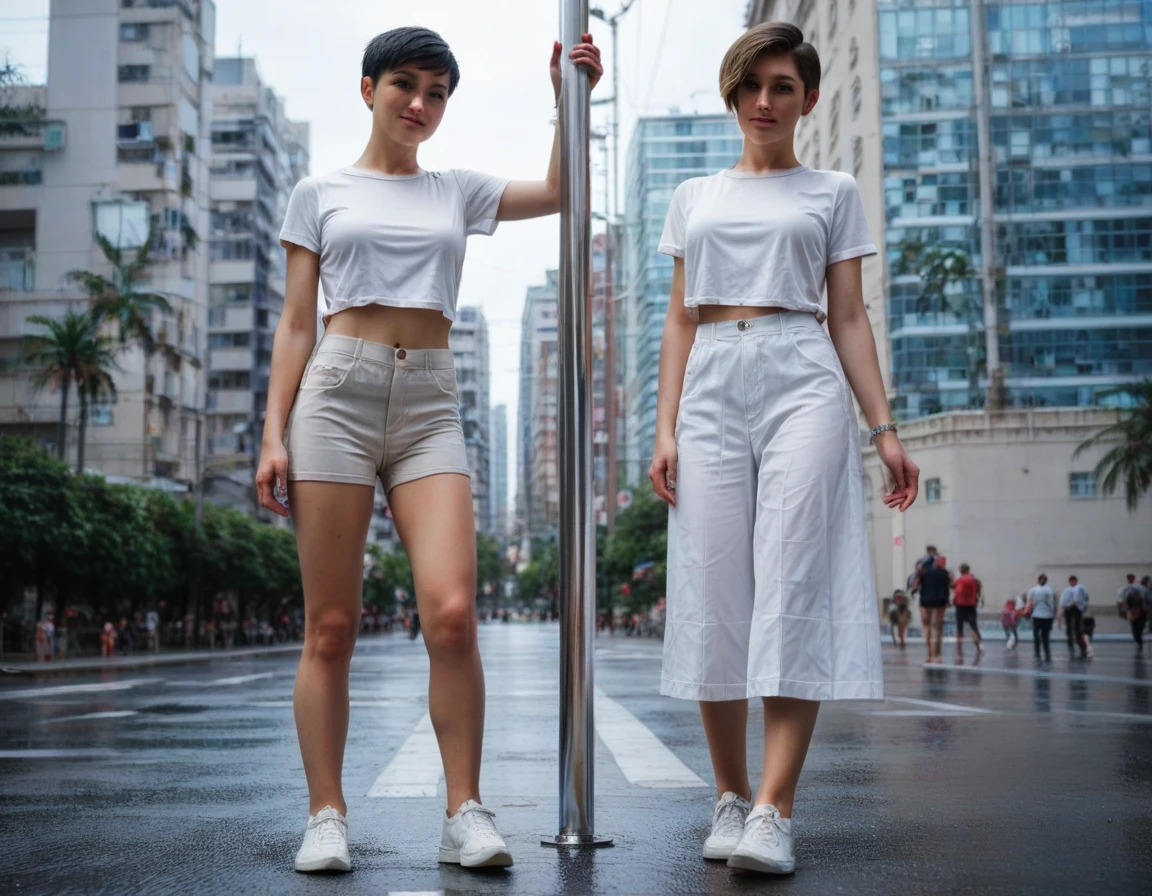 two women 50 years old, slim build, (((dark hair))), ((( short, pixie haircut))), happy smile, full frame, right angle, walks through the park, does Nordic walking, Fitness apparel, White sneakers, elegant style, in the hands of each Nordic walking pole, city street, Evening light, street photography, in the style of Richard Avedon, cgi, 1024K