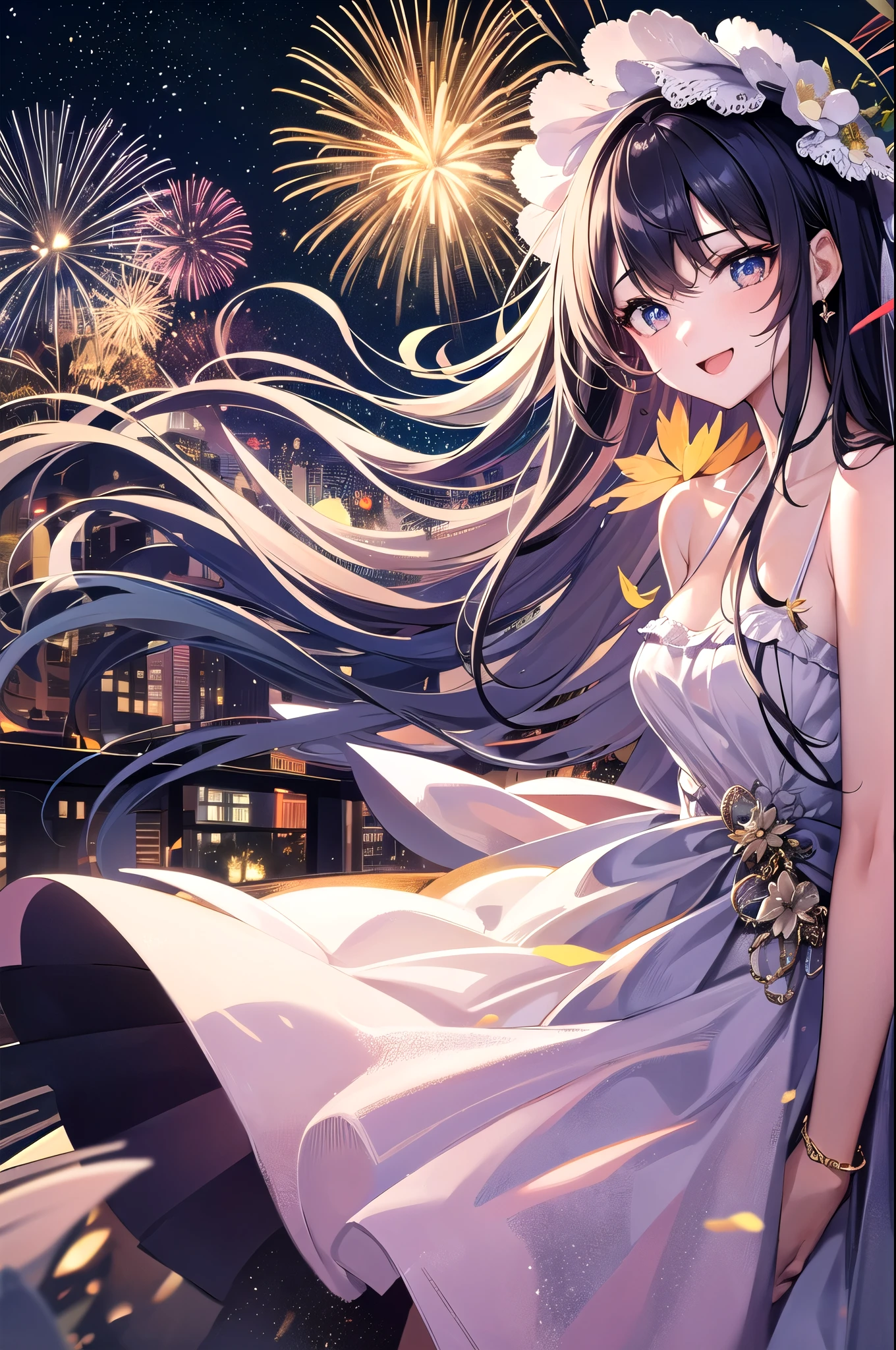 (masterpiece, Highest quality, detailed), One girl, alone, View your viewers, Francesca Lucchini, Sundress, White Dress, Sleeveless dress, Bare shoulders, firework, aerial firework, (chest squeezed together), (v Arms), Spaghetti Straps, night, night sky, City lights, chest, chestの谷間, Leaning forward, smile, Open your mouth