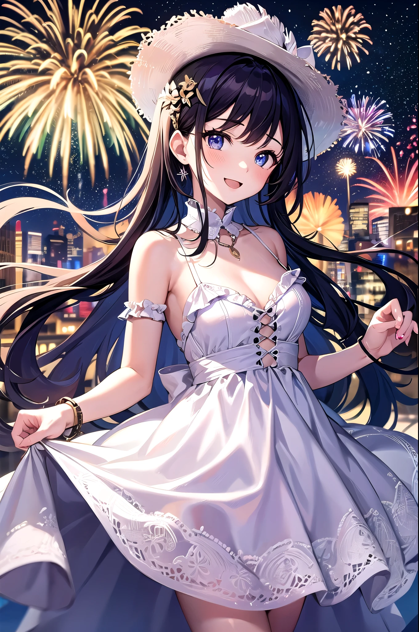 (masterpiece, Highest quality, detailed), One girl, alone, View your viewers, Francesca Lucchini, Sundress, White Dress, Sleeveless dress, Bare shoulders, firework, aerial firework, (chest squeezed together), (v Arms), Spaghetti Straps, night, night sky, City lights, chest, chestの谷間, Leaning forward, smile, Open your mouth