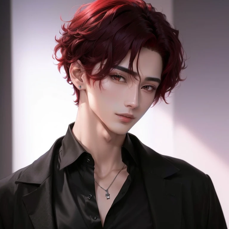Arafad man with red hair, black shirt and black jacket, short hair, attractive handsome humanoid creature, cai xukun, handsome handsome prince, exquisite handsome prince, handsome man, red short hair, handsome man, handsome man, portrait handsome man, red short hair
