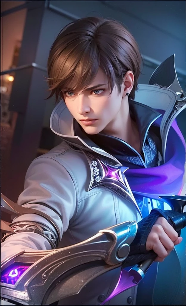 masculine male, masterpiece, ((perfect eyes)) best quality, (semirealism:1.9), beautiful lighting, (extremely detailed CG unity 4k fhd wallpaper), High Detail, Sharp focus, dramatic outdoors, 1 boy ,19 years old, white hair, light purpel eyes, smile.