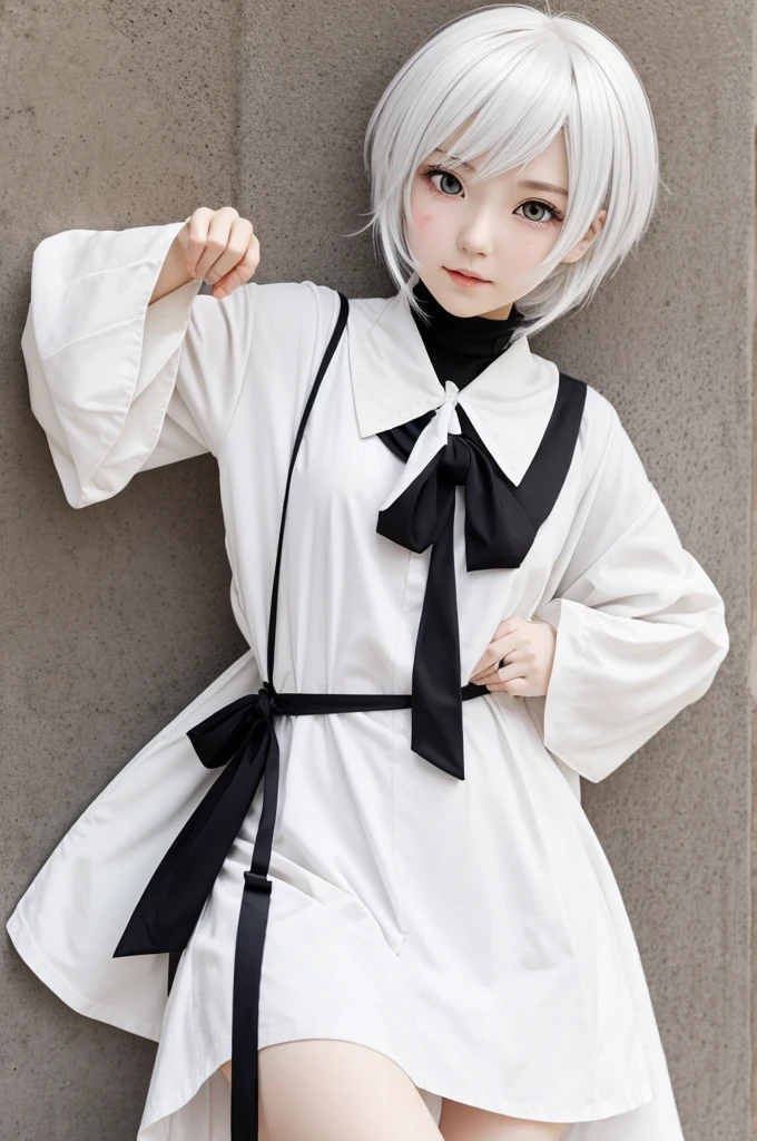 An anime girl in the drawing style of Bungou Stray Dogs, whole body. White hair, brown and white clothes, some black stars on the cheeks.