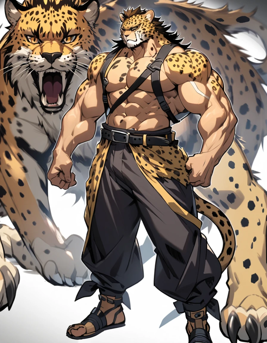 male,  jin qiu,white tiger,muscular male,bara,tiger boy, solo focus, chubby, mature, green eyes, action pose, evil smile, topless, embarrassed, loincloth, dominant male,muscular male, jacket, sunglasses,