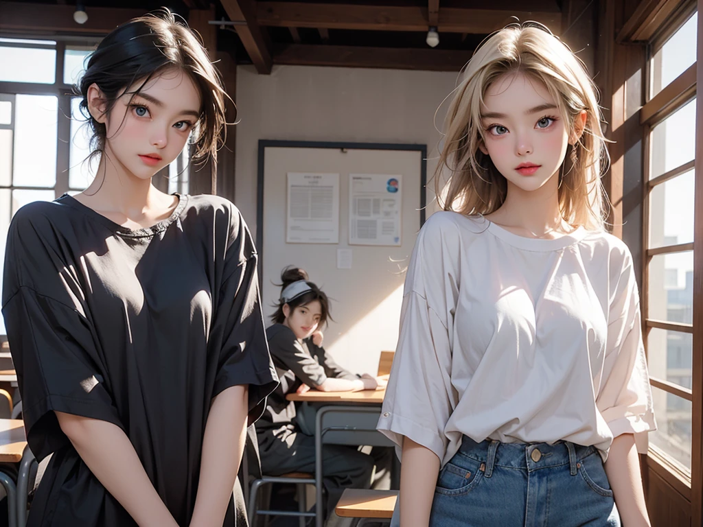 Please create an image of two people. First, a stunning beauty who is half French and half Japanese. She has an exceptionally beautiful face, with striking blue eyes and long, straight blonde hair. She wears a cute dress and has a smiling expression. The second person is a man with black hair and long bangs. He wears a T-shirt and denim. His expression is slightly bashful. The composition should be an upper body close-up image, with the beauty on the left and the man on the right, standing side by side. They are looking at each other and laughing. The background is a university classroom
