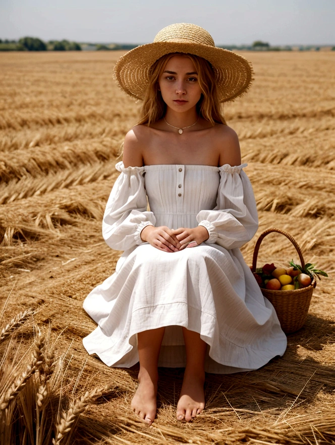 A girl in a long white summer dress with a high collar, long sleeves and closed shoulders is sitting in a wheat field. The dress completely covers the legs to the floor. The sleeves are wide and puffy. She has shoulder-length blonde hair. He wears a wide-brimmed straw hat. He is sitting on a blanket with empty wine glasses and a fruit basket on it.