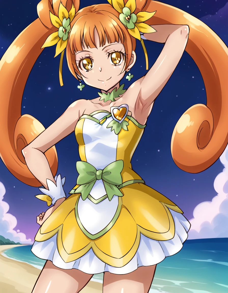  curerosetta, shiny skin, high quality, solo, 1girl, night sky, beach, arm behind head, hand on hip, (contrapposto), closed mouth, spread armpits, (cowboy shot:1.5), looking at viewer, best quality, smile,