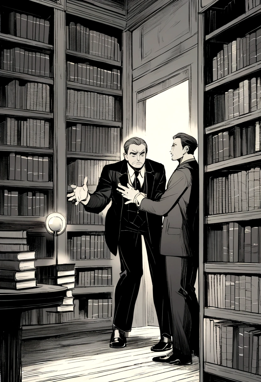 Two professional men debating in front of a bookshelf full of books. Twentieth century.
