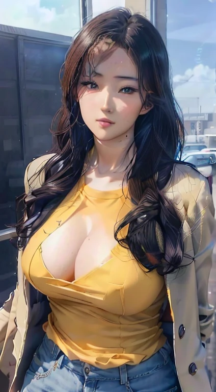 A woman in a shirt, Attractive anime girl, Charming anime girl, beautiful alluring Anime woman, hyper Realistic anime, photoRealistic anime, beautiful Anime woman, Anime girls in real life, Beautiful anime girl, Realistic anime, Realistic young anime girl, Realistic anime 3 d style, semi Realistic anime, cleveage, 3D animation realistic, Anime woman