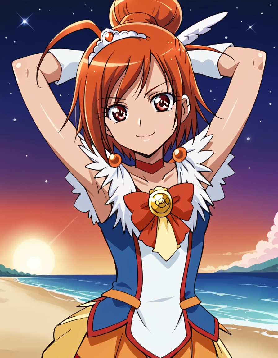 curesunny, shiny skin, high quality, solo, 1girl, night sky, beach, arms behind head, (contrapposto), closed mouth, spread armpits, (cowboy shot:1.5), looking at viewer, best quality, smile,