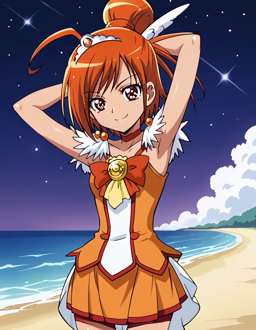 curesunny, shiny skin, high quality, solo, 1girl, night sky, beach, arms behind head, (contrapposto), closed mouth, spread armpits, (cowboy shot:1.5), looking at viewer, best quality, smile,