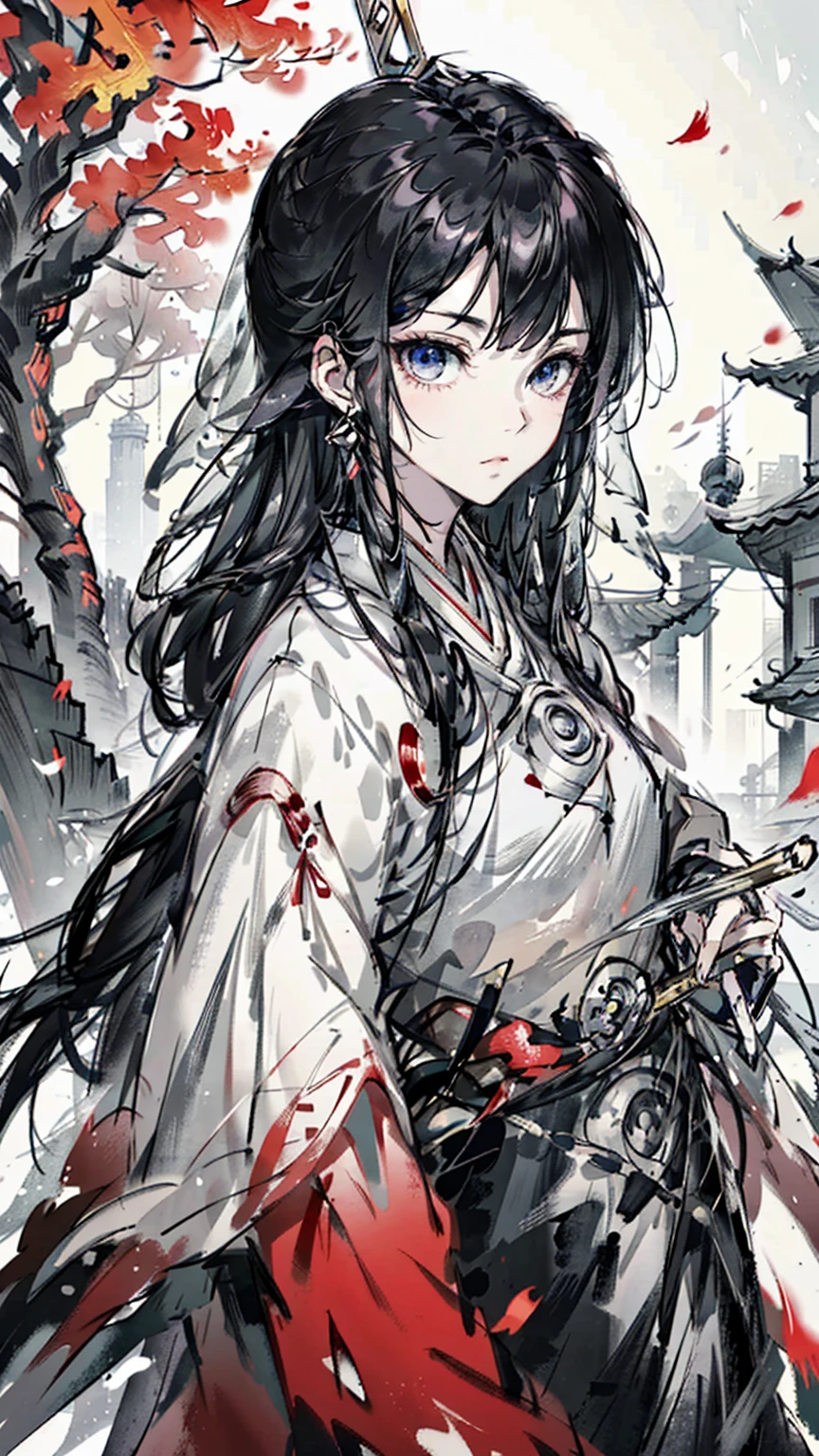 A painting of a woman wearing a veil and a sword, Beautiful character painting, Guviz, Guviz-style artwork, Guweiz in Pixiv ArtStation, Guweiz on ArtStation Pixiv, a beautiful anime portrait, Beautiful anime woman, guweiz masterpiece, style of anime4 K, Palace , A girl in Hanfu,Sword in hand