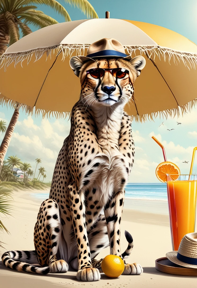 Anthropomorphic cheetah, sunglasses, straw hat, tropical juice, seaside deck, parasol, palm trees, sandy beach,