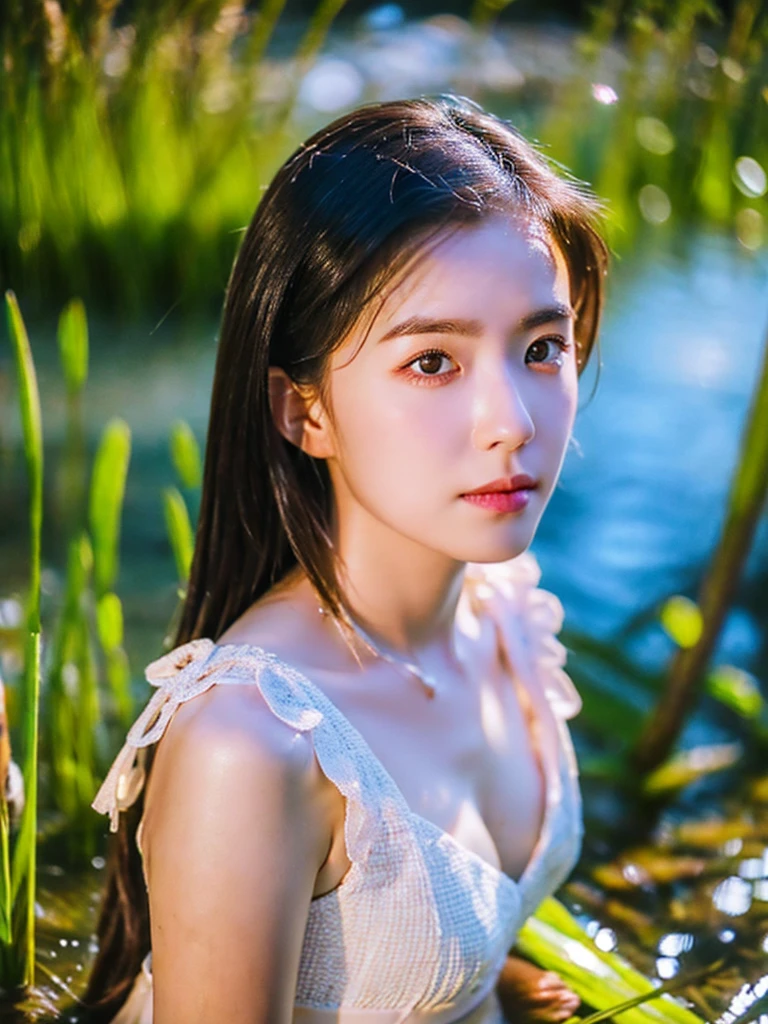 close up portrait of a cute woman (gldot) bathing in a river, reeds, (backlighting), realistic, masterpiece, highest quality, lens flare, shade, bloom, [[chromatic aberration]]