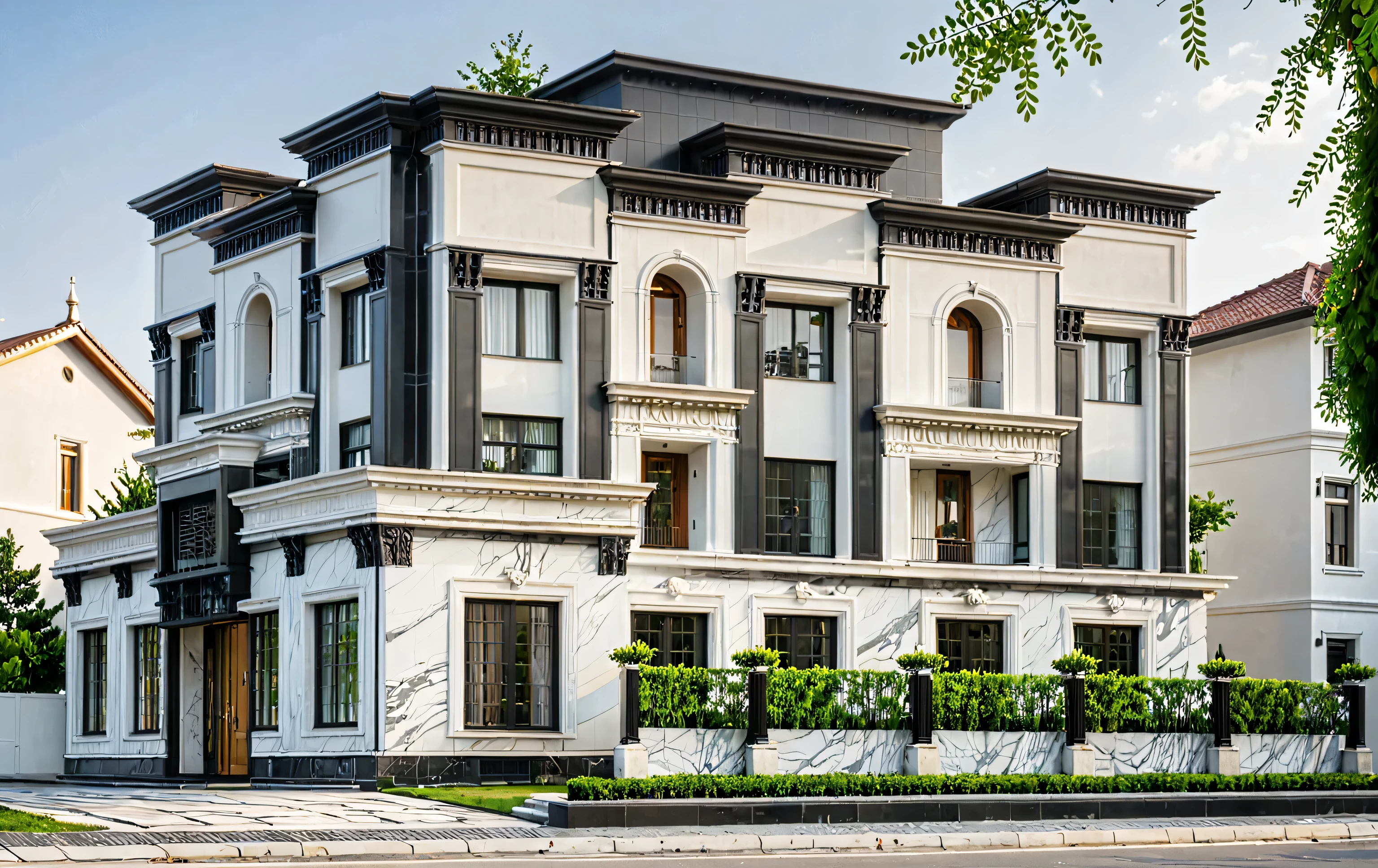 neo classical villa on street, (daylight), plant and tree, vivid colour, streetcapes, (black detail:1.2), high constraint, masterpiece, best quality, raw photo, white wall, large glass door, warm interior lighting, wood and marble, best quality, 20ArchiAI_XL_NeoTH-v2