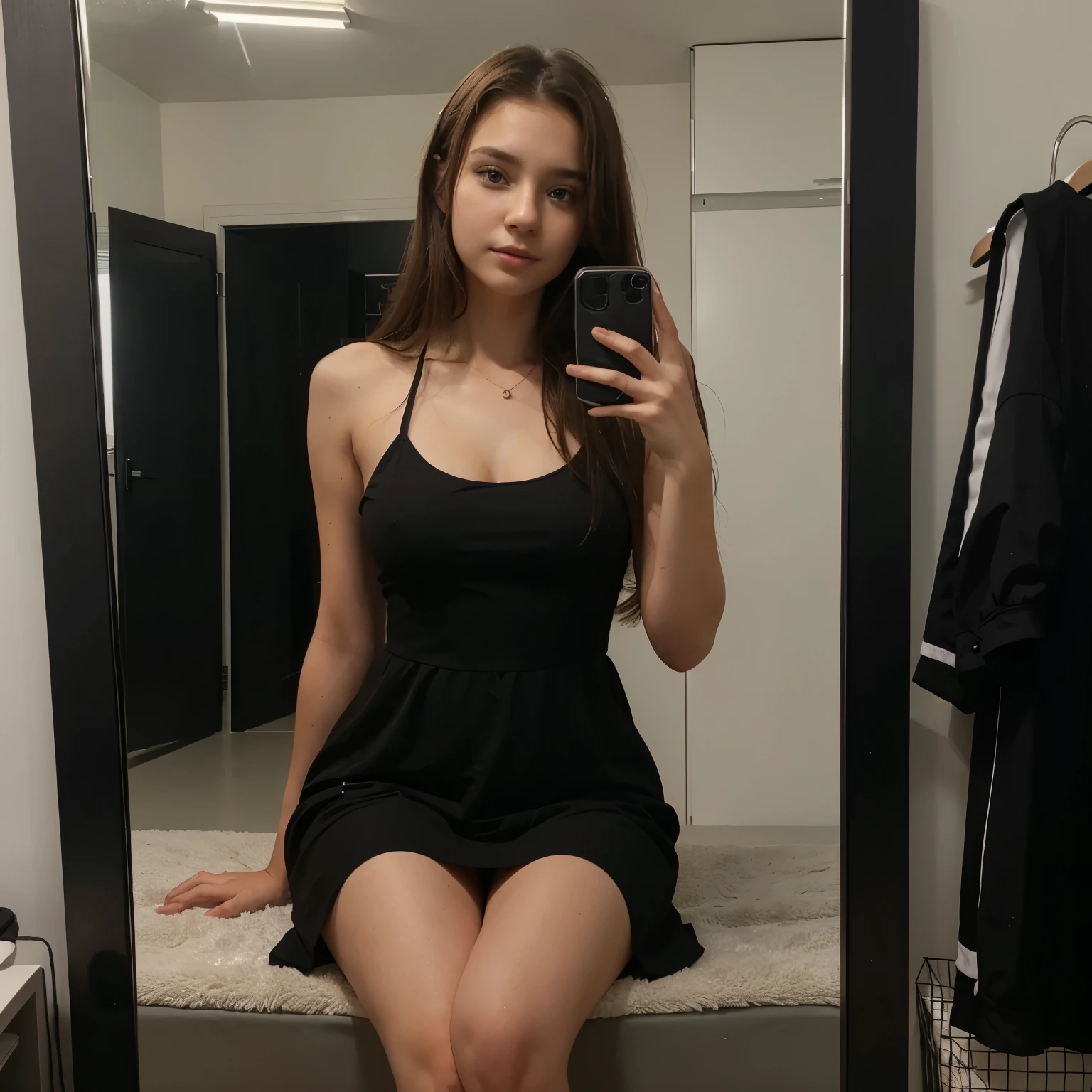 there is a woman taking a picture of herself in a mirror, poggers, wearing black dress, on a hot australian day, full photo, 1 6 years old, booth. pm, dirty mirror, sitting on bent knees, victoria siemer, sexy, front photo, poorly lit, eboy, ny, pokimane, stick figure, half body cropping, big thighs, sitting on a bed, cute, very beautiful girl, eastern European, brown hair