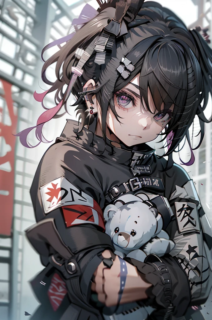 teddy bear、teddy bear、🧸、Black Hair、side ponytail、Kung Fu、kick、Kung Fu、Blood splatter、cadaver、morning、Gothic Punk、Earrings、hair ornaments、Black Hairの、pink and black colors、ponytail、black pink shirt、、Black shorts、Blunt bangs、Photorealistic, High resolution, 1 girl, Korean,Flames from the eyes、🔥、In a completely different expression