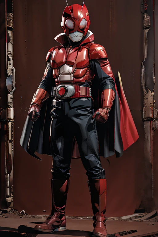 Superhero with red hood, red cape, black suit with belt, boots and gloves on his chest there is a number one style comic fused with astro boy and ultraman