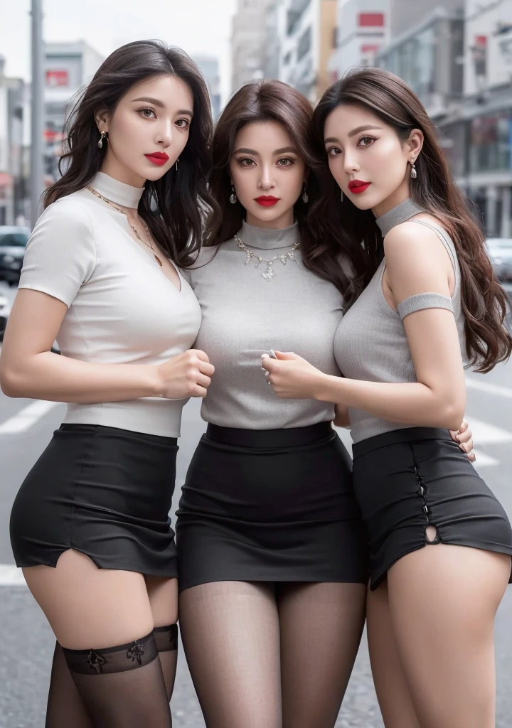 Light grey reflective clothing (No cleavage),cosmetic, (Lipstick: 1.1), (Eyeliner: 1.2), mascara, Eyeshadow,Outdoor sports, earrings, necklace, Black pantyhose, Wrinkles at the corners of the eyes, Oral wrinkles,High target Neck Knit Bodycon Skirt，full-body shot，An Asian Japanese woman，65 years old，big eyes，elegant temperament elegant temperament，(masterpiece:1.2, best quality), Practical, (The real situation,45 years old， Intricate details, Depth of Field，High target neck clothes), careful, The content is very detailed, This is a perfect face, Perfect body, Large Model, Mature woman, High target，Black silk garter，8K,best quality, masterpiece, Ultra-high resolution,(lifelike:1.4), original photo, Stay focused, detailed, dramatic, Exquisite beautiful woman, (tall and straight:1.1),(Fat goddess desetallic high collar dress,High target collar fitted skirt),half butterfly earrings, double ring necklace, (:1.05), (65 years old, : 1.4),Long curly hair, Dynamic Angle, (Red lips)Beautiful graphics, Light grey reflective fishnet stockings，High target heel