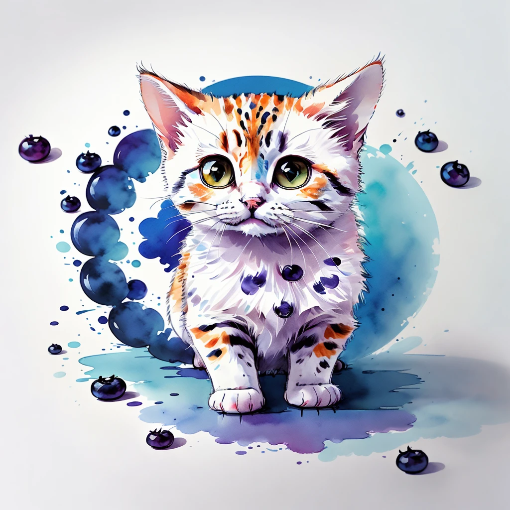circular design, logo art, (cat design with blueberry),(on the table), fantasy, colorful, vintage,  charming: white background, lowbrow art, digital illustration, radiant; gouache, 16k, minimalistic, doodle, CGSociety, solarpunk, crispy quality, sharp, bright, volumetric lighting, intricate, ample negative white space, as a logo,