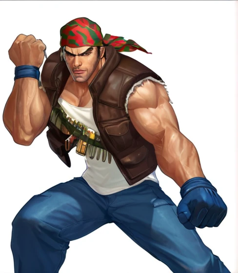 A muscular man with a determined expression, wearing a red and green camouflage bandana, a brown leather vest, and blue cargo pants. He has a bandolier of ammunition across his chest and a fierce, battle-ready stance. Render this character in a photorealistic, cinematic style with vivid colors and dynamic lighting, similar to the examples provided.