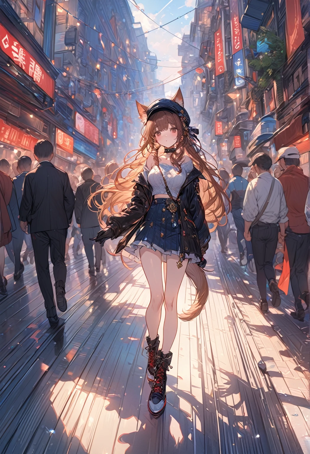 ((masterpiece:0), best quality, very aesthetic, newest, absurdres, detailed, high quality)
BREAK
highest quality, top quality, details, highres, ultra fine painting, digital art, official art, cinematic, 4k, 8k resolution, 8K CG wallpaper, CG, original artwork, detailed background, colorful background, blue atmosphere, High Dynamic Range, blurry background, blue hour, Starburst effects, crepuscular rays, good ISO, high resolution, wide shot, from far away, RAW photo, POV, sharp focus, light reflection, reflections, intricate details, soft light, particle noise, professional photography, bokeh, depth of field, natural lighting, vibrant colors, looking away, detailed lights and shadows, stylish, ultra-detailed, top rated on Pixiv, trending on Artstation, niji style, modern-days, master crafted, pose
BREAK
solo, 1girl, pale skin, correct fingers, detailed hair, (medium big breasts:1.2), big thighs, short torso, short body, flushtered, blush, anxious expression, casual, slim, ((cute, childlike face):1.3), nice hips, nice body, brown hair, (long flowing hair:1.1), big 2 buns hairstyle, long bangs, long hair, middle hair bangs, brown eyes
BREAK
((colorful outfit), off shoulder crop top, short skirt, headphone, jacket, casual cap, belts, straps, choker, gloves, boots, (stockings), garterbelt, accessories, outfit ornaments, sneakers, kemonomimi, 1 tail, correct tail, (full body)), from above, POV shot
BREAK
a person walking down a street with a crowd of people, crowded street, crowded streets, in front of a large crowd, giant crowd, girl walking through city, people walking down a street
