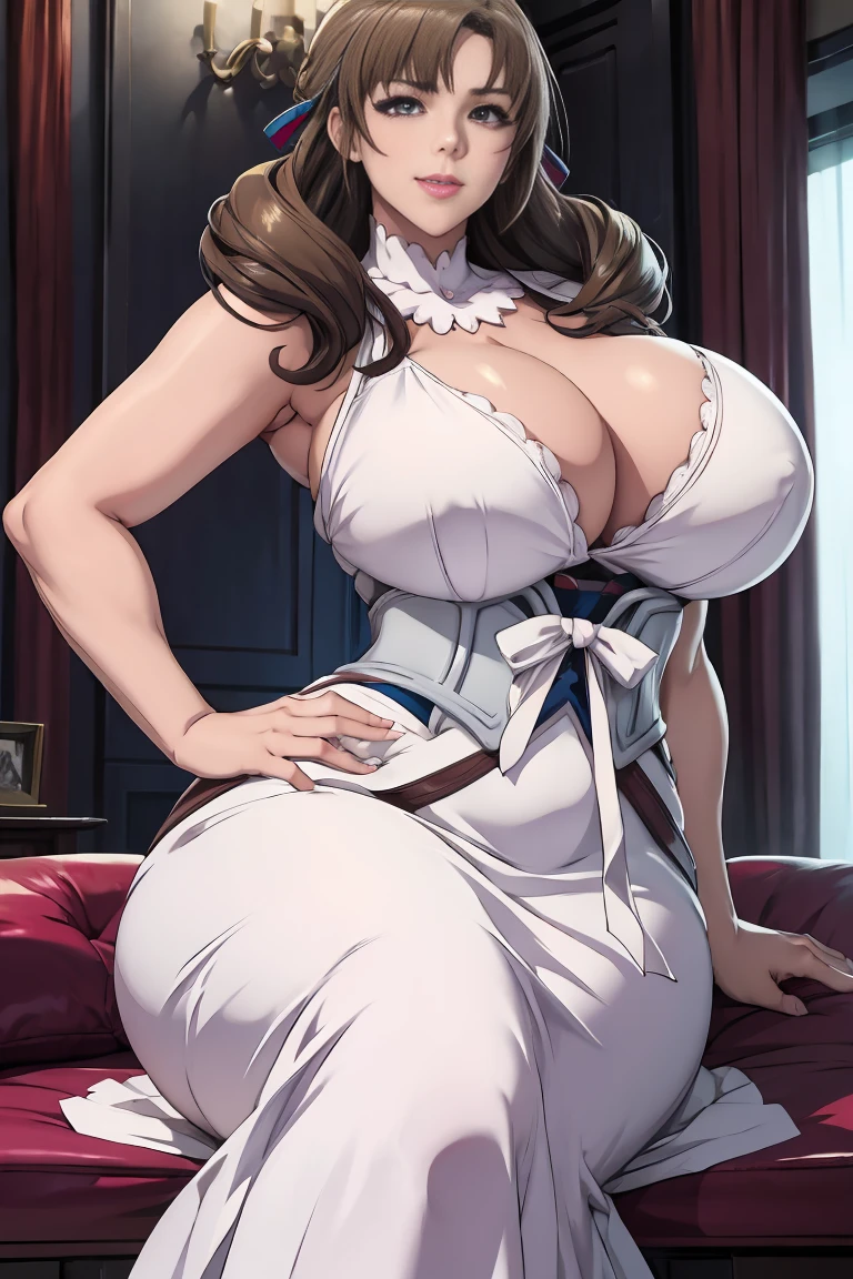 ((best quality)), ((masterpiece)), (detailed), (Realistic), (Vibrant), Mamako Oosuki, brown hair, expressive eyes, happy eyes, purple eyes, looking at pov, eyes looking at pov, perfect face, flawless face, mature, mature woman, smiling, happy expression, plump lips, rosey lips, lounge room, sitting, sitting cross_legged, hands on hips, white dress, short dress, curvy body, perfect body, big breasts, curvy waist, large thighs, cleavage, oppai, seductive anime girl, beautiful alluring anime woman, inspired by Nishikawa Sukenobu, with large breasts, marin kitagawa fanart, big breasts!, oppai proportions, big breasts!!, sfw huge breasts, makoto, makoto shinka