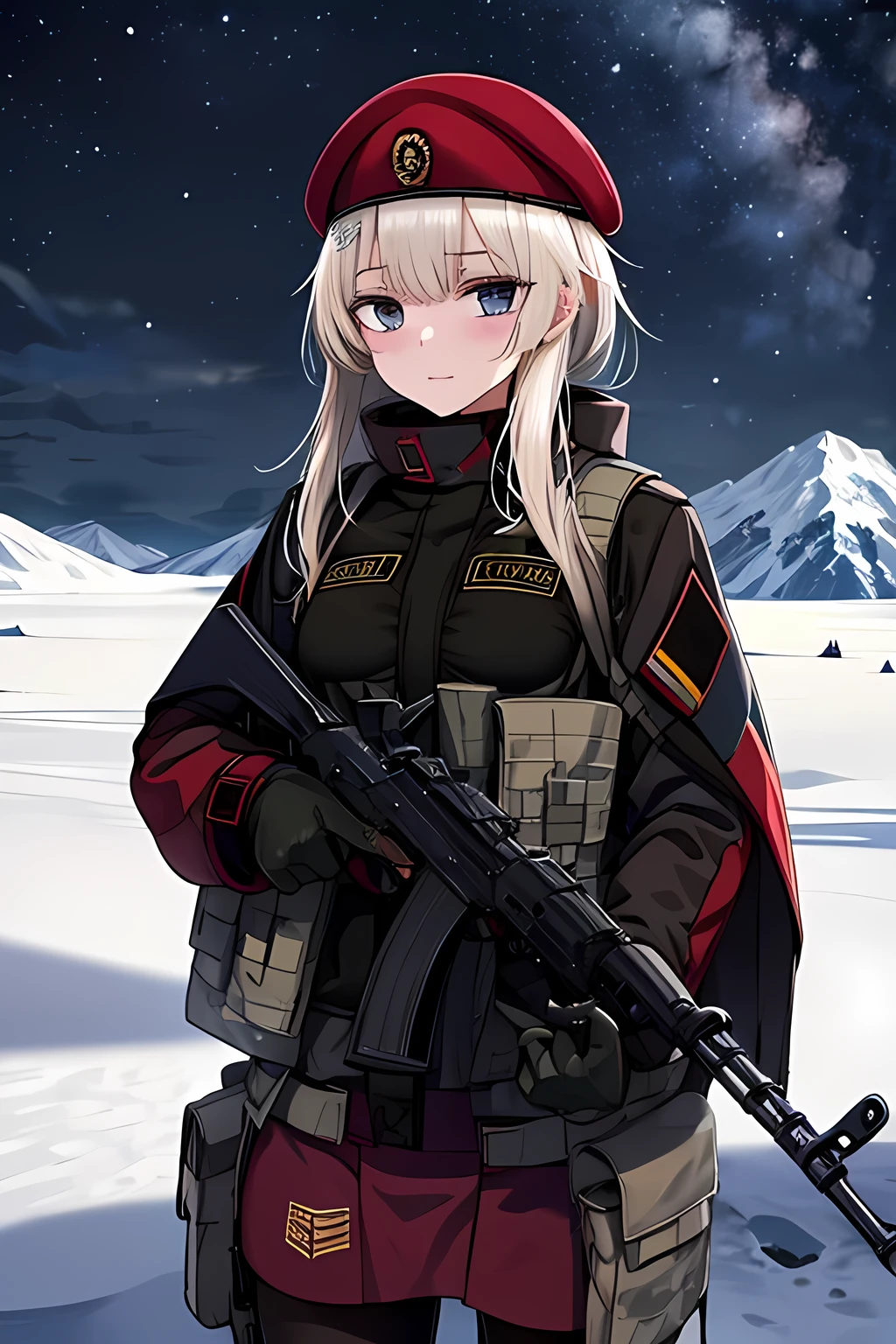 Masterpiece, 1girl, solo, ak-74m, standing, outdoor, snow camouflage uniform, bulletproof vest, helmet, soldier, Snowy mountain, night 