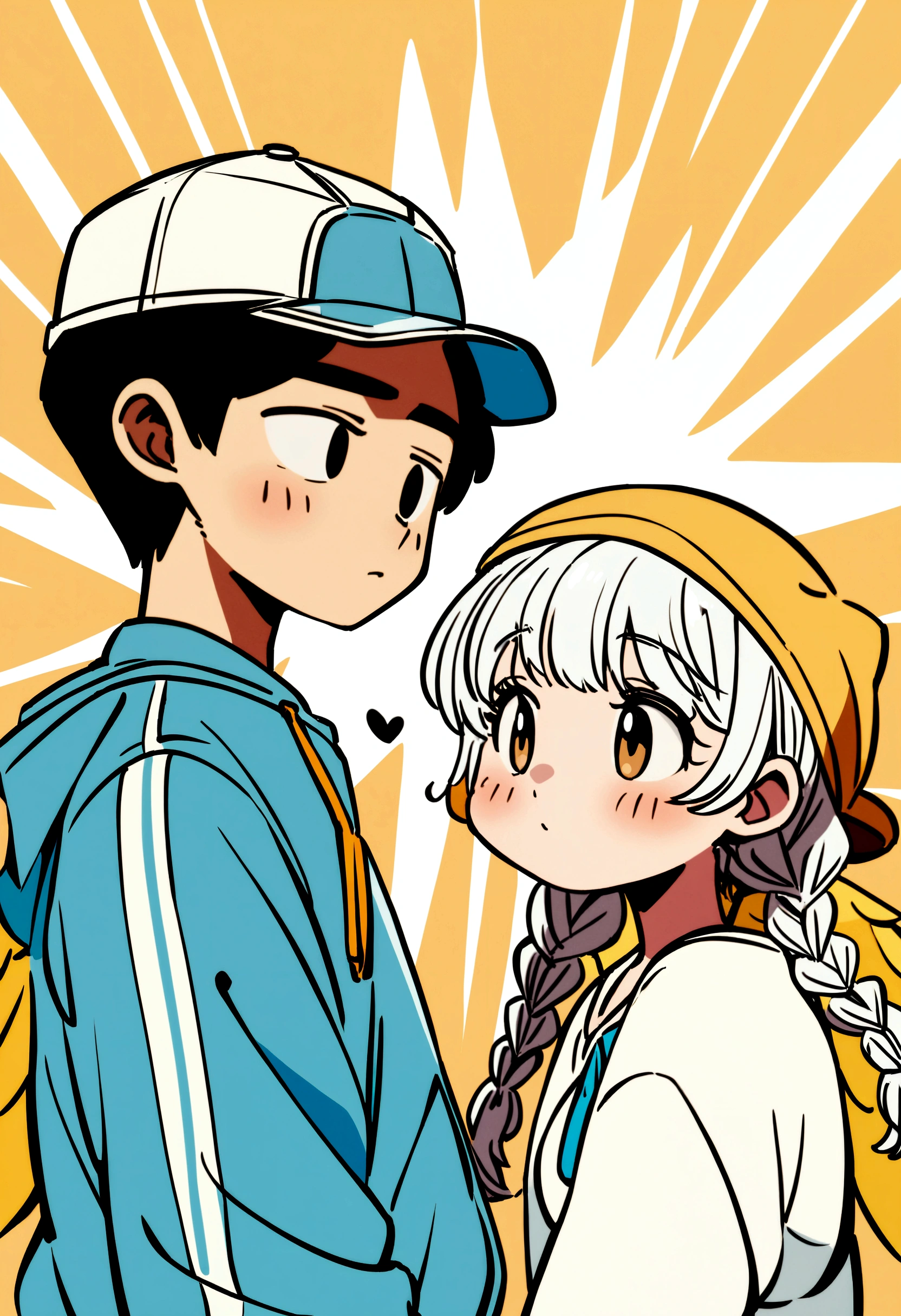 A couple in love, the girl with white hair, two braids, a white dress, black eyes and the boy with black hair, cap, Brown eyes, yellow wings, blue sweatshirt with white lines on the sleeves, cartoon style.