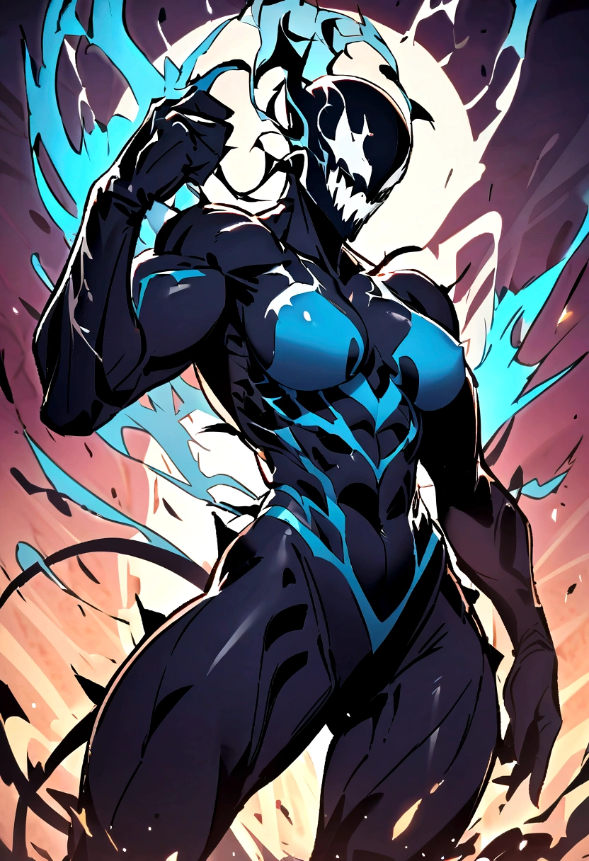 Female, thick thights, tongue out, abs, breasts

 alien
mammal 
 symbiote
Venom