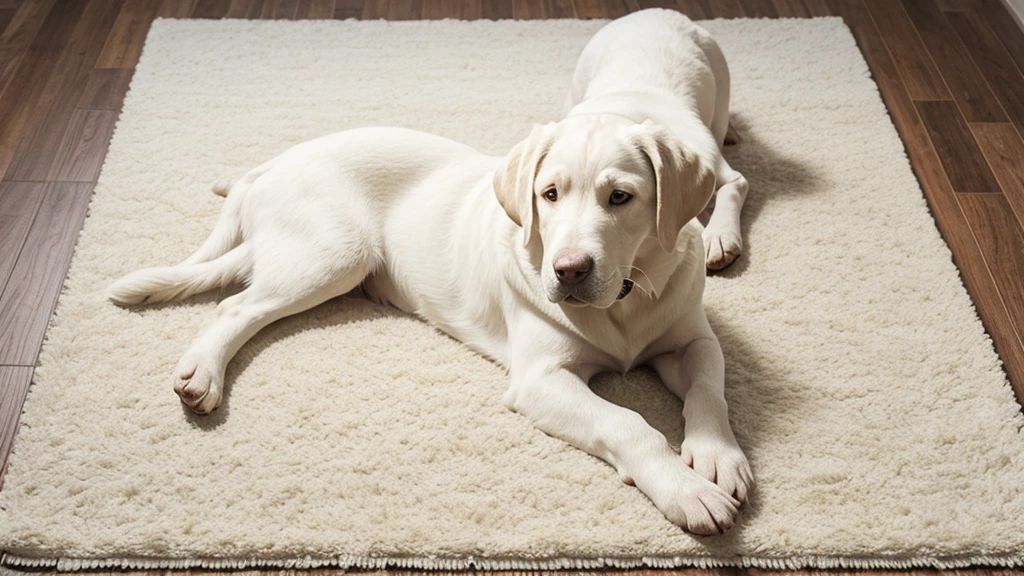 A white Labrador sits on a white rug