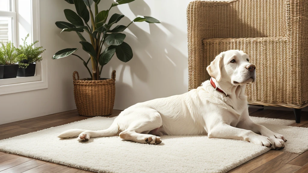 A white Labrador sits on a white rug