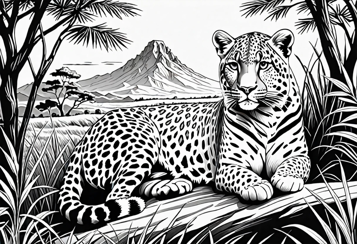 Sur une feuille de papier légèrement pliée, Dessiner une figurine 4D de style encre uhd époustouflante et à couper le souffle d’Un maginifique guépard majestueux, regard intense, décors de savane