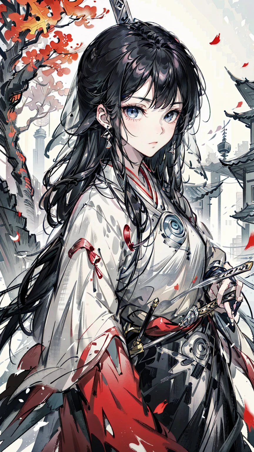 A painting of a woman wearing a veil and a sword, Beautiful character painting, Guviz, Guviz-style artwork, Guweiz in Pixiv ArtStation, Guweiz on ArtStation Pixiv, a beautiful anime portrait, Beautiful anime woman, guweiz masterpiece, style of anime4 K, Palace , A girl in Hanfu,Sword in hand