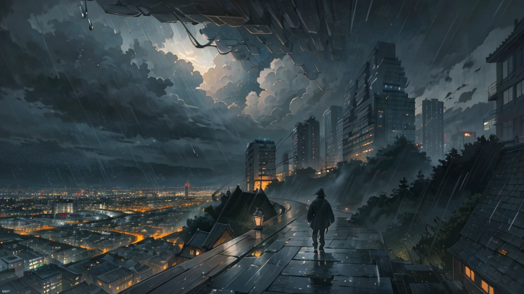 masterpiece, Very detailed, Highest quality, (Detailed Background), 1 little boy, (alone), Back view, building, city, cityscape, cloud, cloudy null, grey null, Outdoor, wood, rain, scenery, null, (alone), dim, (night), 壊す walking towards viewer, swoodt light, Wet, Sidewalk, sad, 
