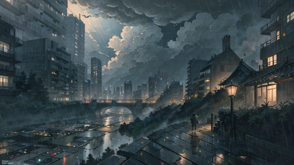masterpiece, Very detailed, Highest quality, (Detailed Background), 1 little boy, (alone), Back view, building, city, cityscape, cloud, cloudy null, grey null, Outdoor, wood, rain, scenery, null, (alone), dim, (night), 壊す walking towards viewer, swoodt light, Wet, Sidewalk, sad,