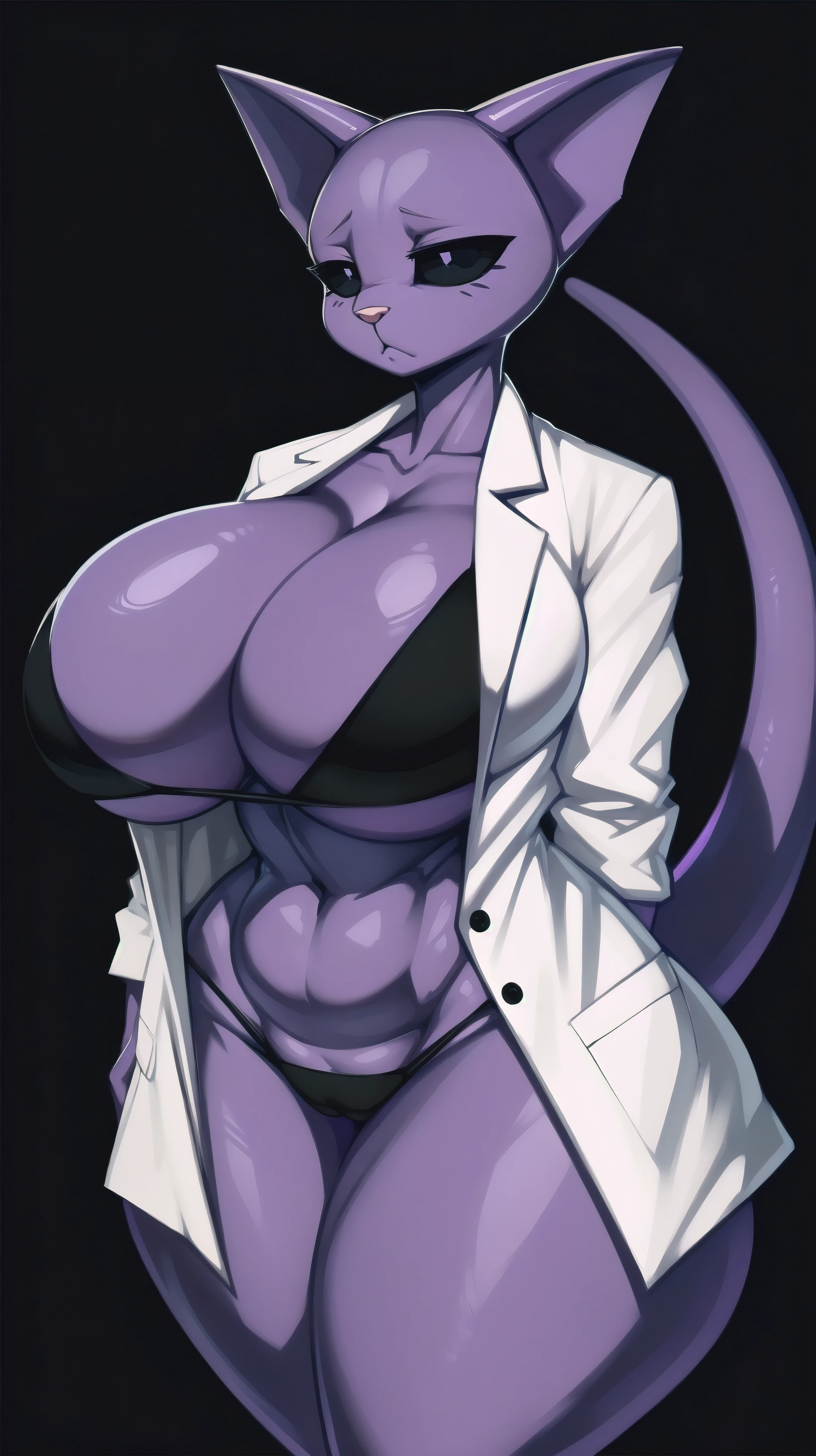 ((((black microbikini:1)))) bikini((made by zackary911:1 art style)), ((adorable cute sad cat face)), (colors her skin and face purple:1), focus on the female furry cat, ((small and tiny cat female body)), ((superiority and perfect body) ), ((female bald cat face dressed only in a white scientist's lab coat and a black Micro Bikini :1)), ((no hair anywhere on her body, no skin, total baldness, baldness:1)), masterpiece, Best quality, purple body and face color, a furry and feminine woman is a cute cat with purple hair, orange cat tongue, no hair anywhere on her body, pink cat nose, bare skin, big thighs, big tits and natural, big breasts, ((Hourglass figure)), (1.4), huge , thick, thick body, sexy massive female, Perfect body, big breasts, big ass, Perfect body, masterpiece, Best quality, full figure, voluptuous SEXY body, smooth. Perfect, athletic body, purple nipples, large oval eyes with black sclera and white pupils, orange tongue, ((purple inside her cat ears)), light pink cat nose, black and white eyes, ((long tail of dark purple color)), purple vagina, ((completely smooth face)), ((violet female sphinx cat face)), ((sphynx cat head)), orange cat tongue, adorable face, ((Cute face)), voluptuous cat woman, ((white scientist lab coat)), furry cat with an happy face expression, ((very sad face)), sad face, venus Perfect body, ((only 2 cat ears Normal purple, no hair on the head:1)), purple nipples, completely, high quality, masterpiece, adorable and sexy, Beautiful adorable Perfect body, violet color of the body and the face, big black eyes with white iris, cat mouth, cat teeth, bald body, on a romantic date, ((made by art style zackary911:1)