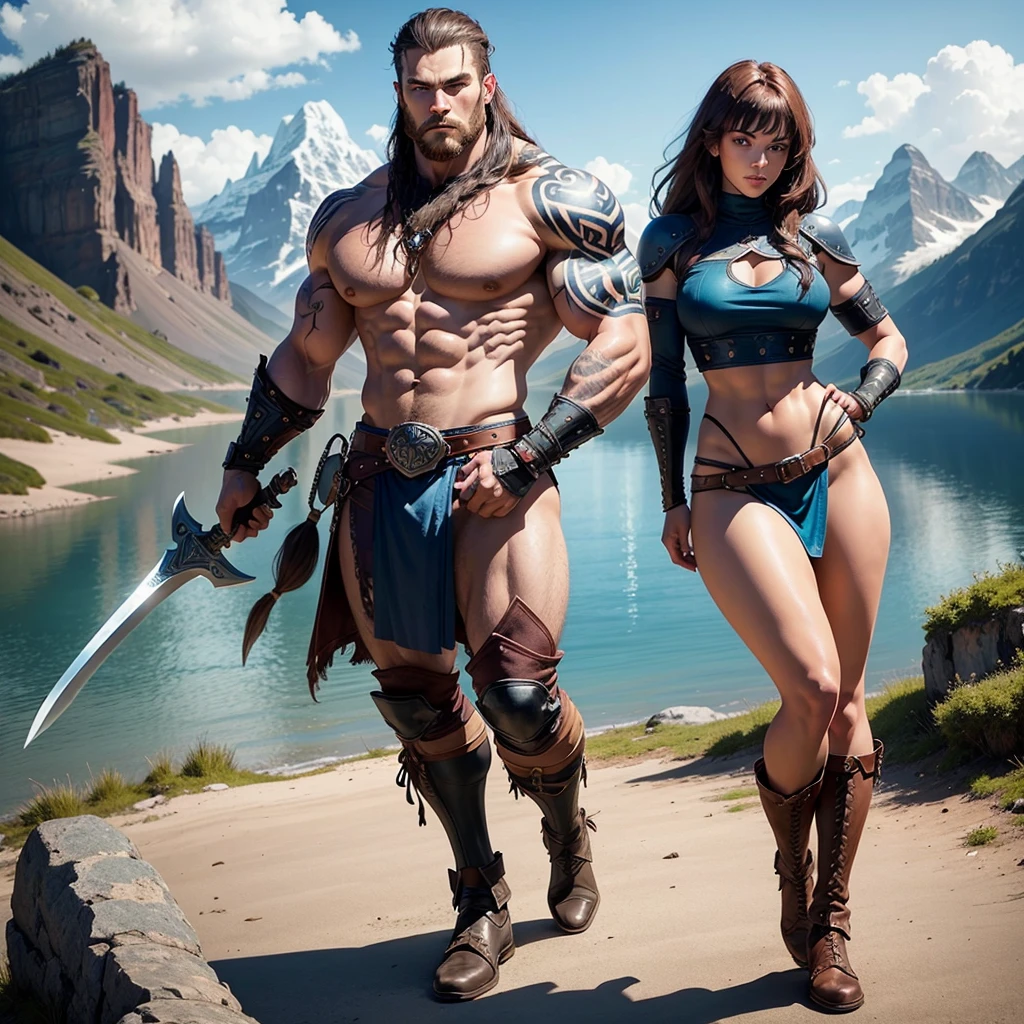 Black Viking left arm tattoo design, a full body muscular viking man and beautiful woman
without clothes showing breasts, muscular legs, holding big sword with right hand, brown hair divided with bangs, perfect realistic blue eyes, wearing warrior leather shoes, wearing warrior boots, lake and mountains in the background.
